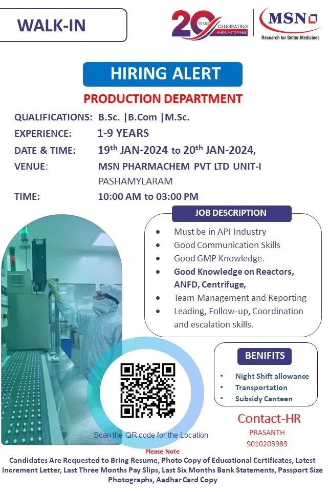 MSN Laboratories - Walk-In on 19th & 20th Jan 2024